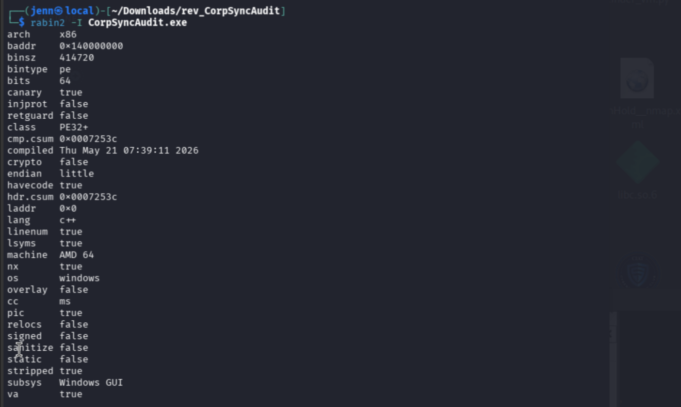 rabin2 metadata showing native x64 C++ Windows GUI application